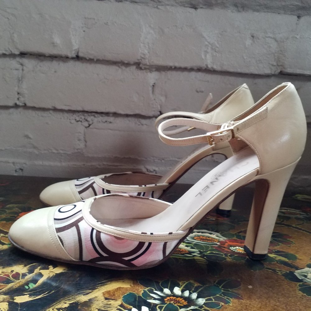 Vintage CHANEL Beige Pink And Brown Pump Ankle Strap Heels, Size 9.5